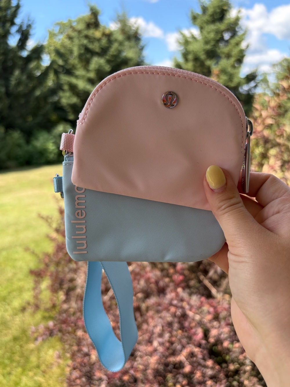 Lululemon dual pouch wristlet pink light blue detachable zipper pouch wallet